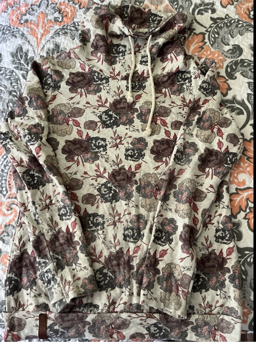 Ampersand Floral Funnel Neck Pullover Sweater - Beige with Burgundy Floral